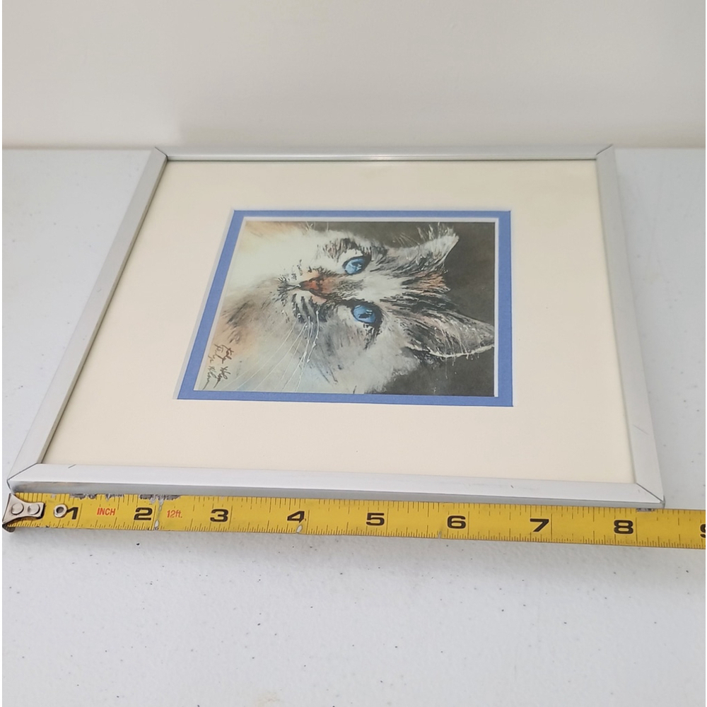 Vintage Signed Framed & Matted White Cat Kitty Print Blue Eyes Ragdoll? 9x9 - Picture 6 of 6